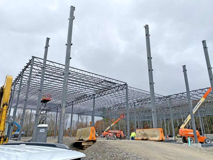 view from ground of steel construction building frame